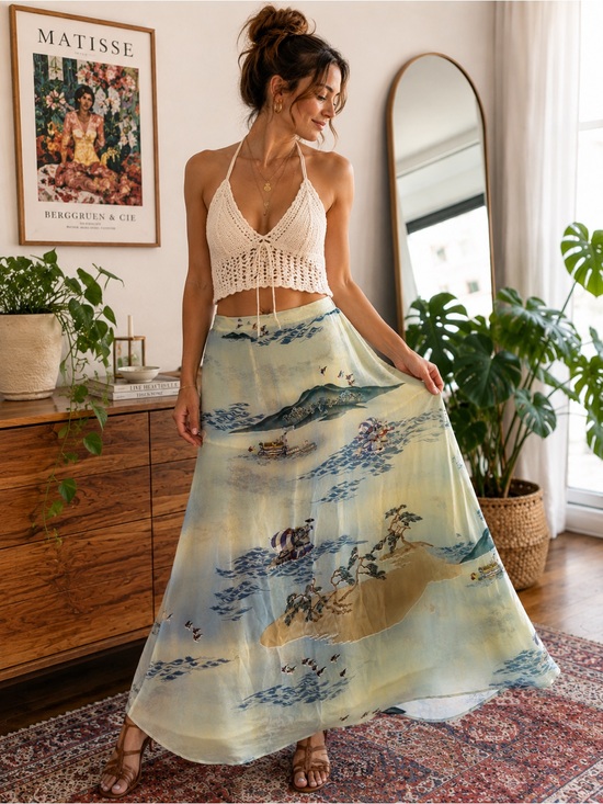 Citron Santa Monica Dresses & Skirts - Vintage Citron Santa Monica Silk Japanese Landscape Wave Print Maxi Skirt Sz Med